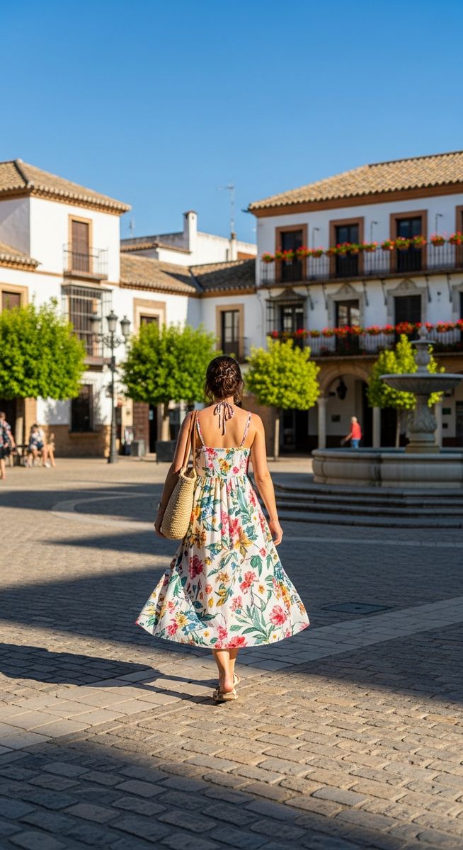 a woman in a summer dress walking through a Spain plaza in May