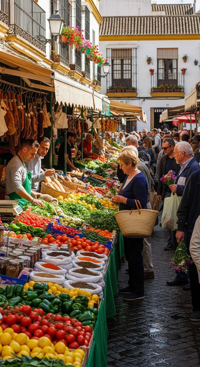 a bustling market in Spain in May