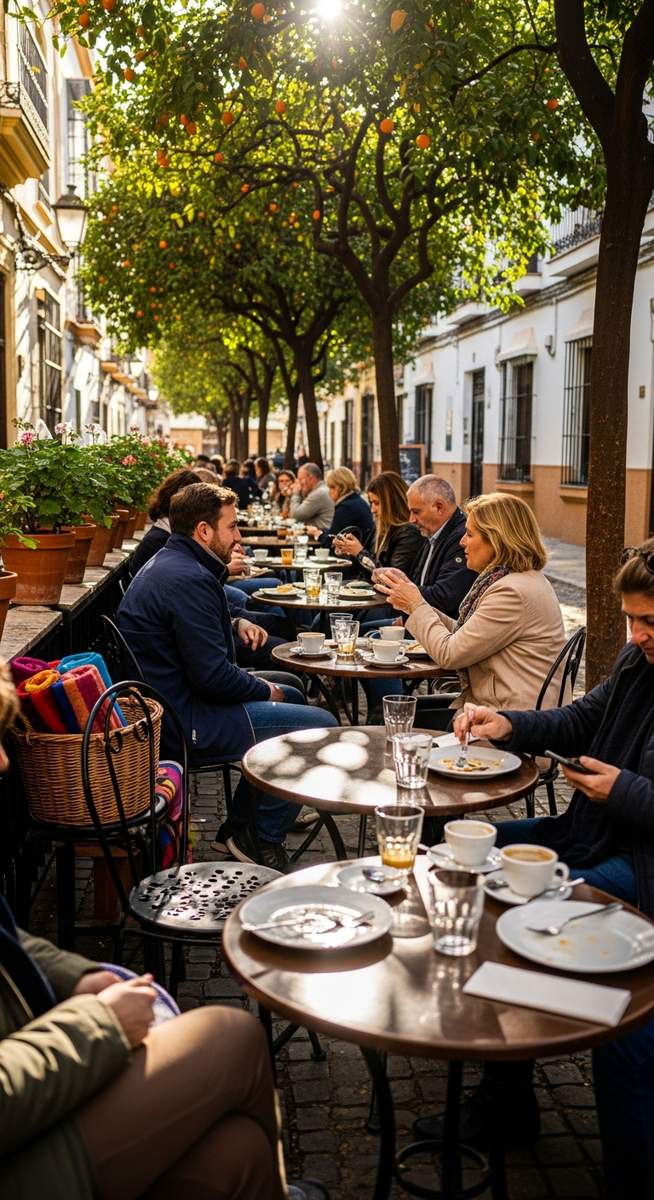 an outdoor cafe terrace in Spain in November