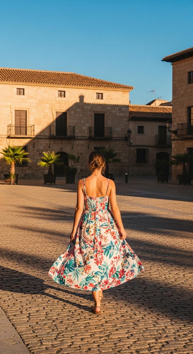 a woman in a summer dress walking through a Spain plaza in November