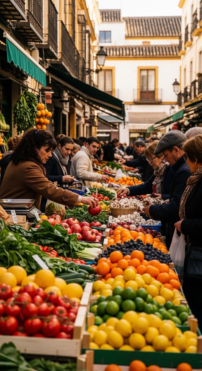 a bustling market in Spain in November