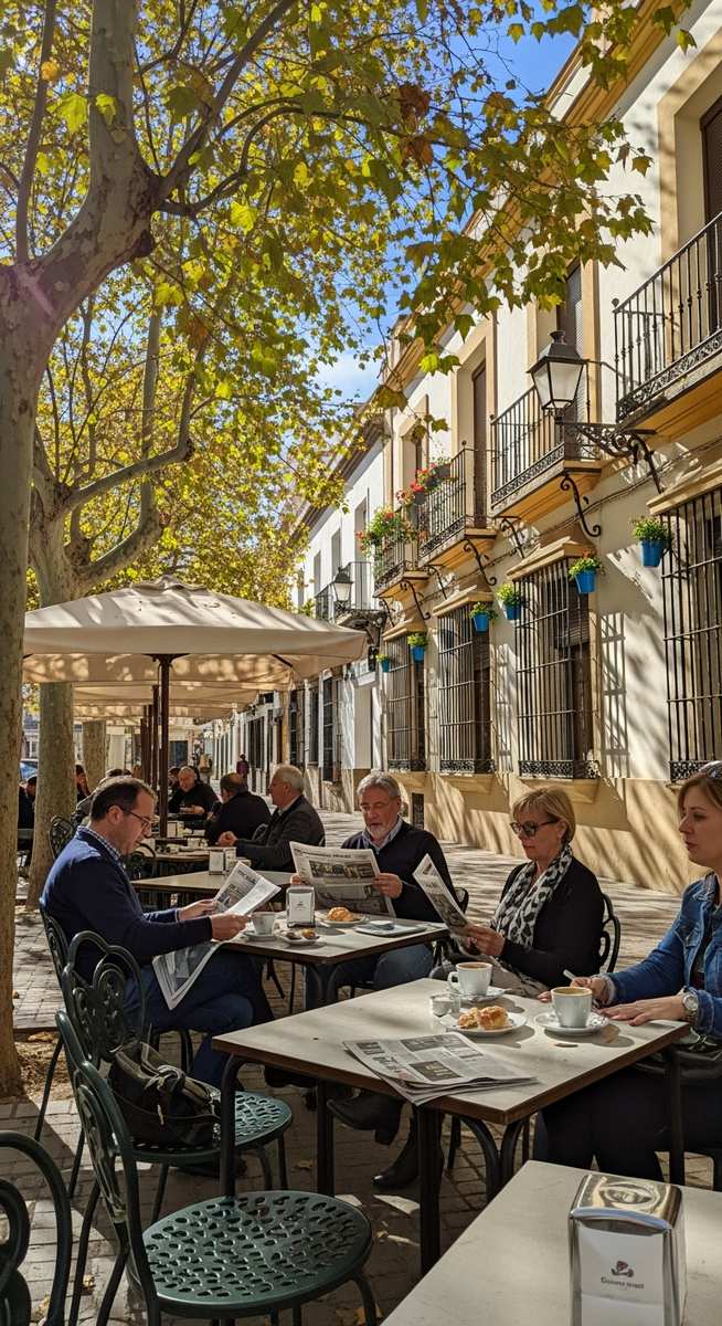 an outdoor cafe terrace in Spain in October