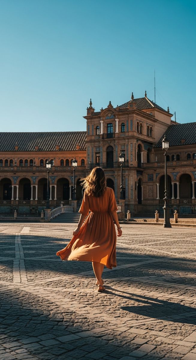 a woman in a summer dress walking through a Spain plaza in October