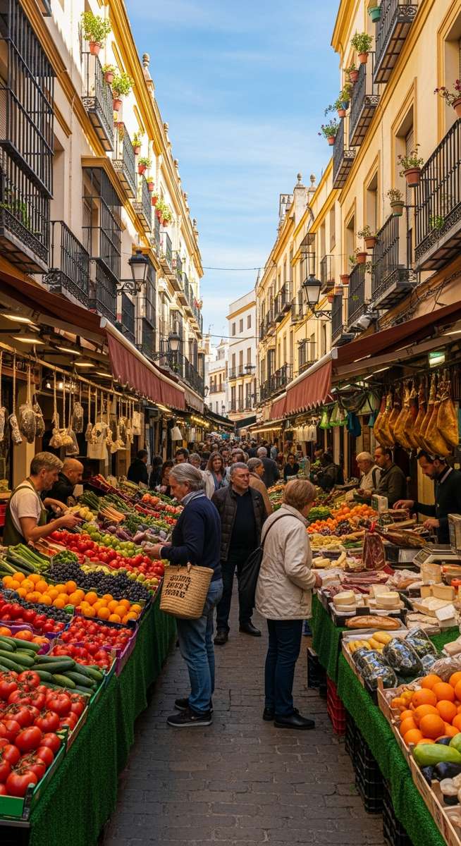 a bustling market in Spain in October