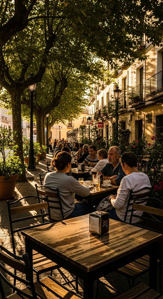 an outdoor cafe terrace in Spain in September