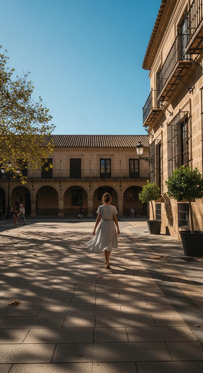 a woman in a summer dress walking through a Spain plaza in September