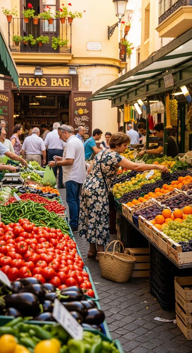 a bustling market in Spain in September