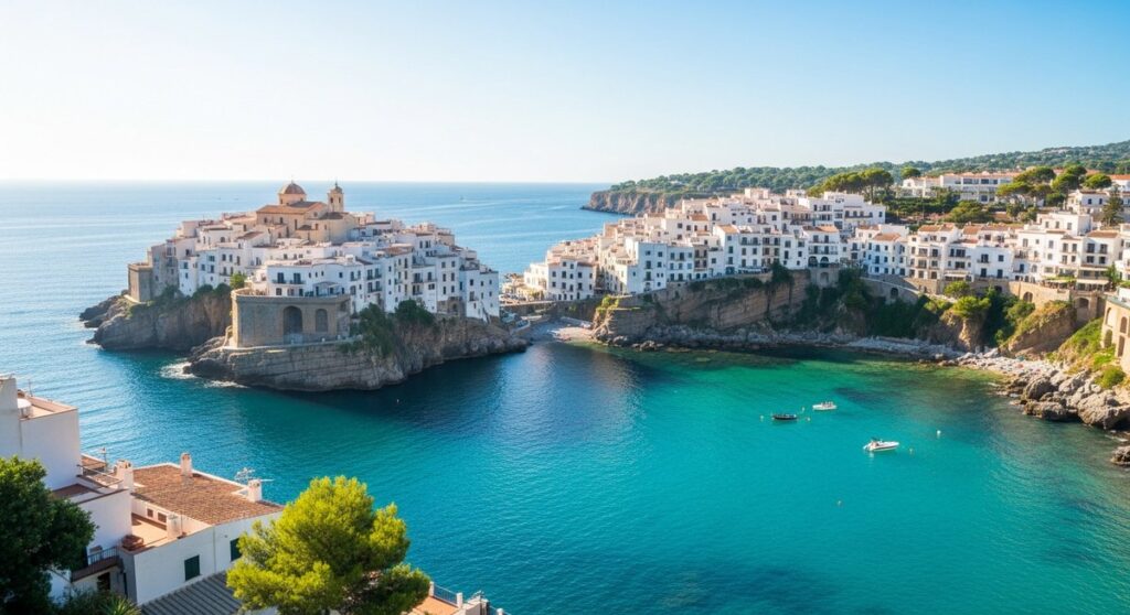 a scenic Spanish coastal town with white buildings and turquoise sea in Barcelona