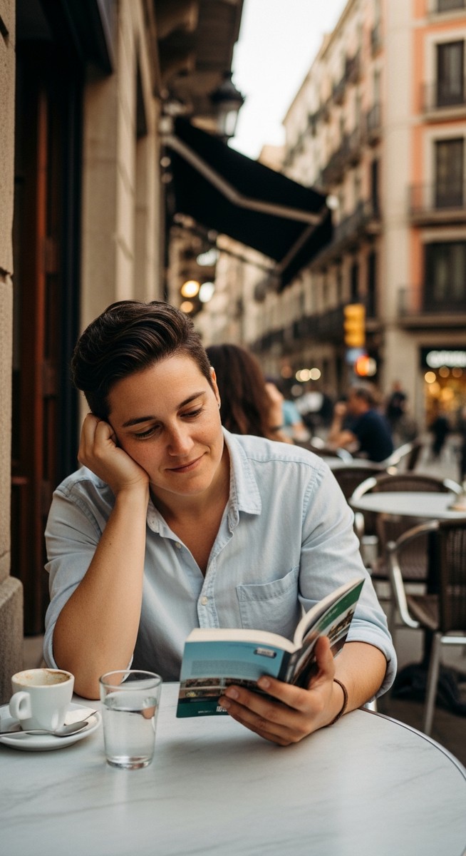 a person at an outdoor cafe in Barcelona with a guidebook