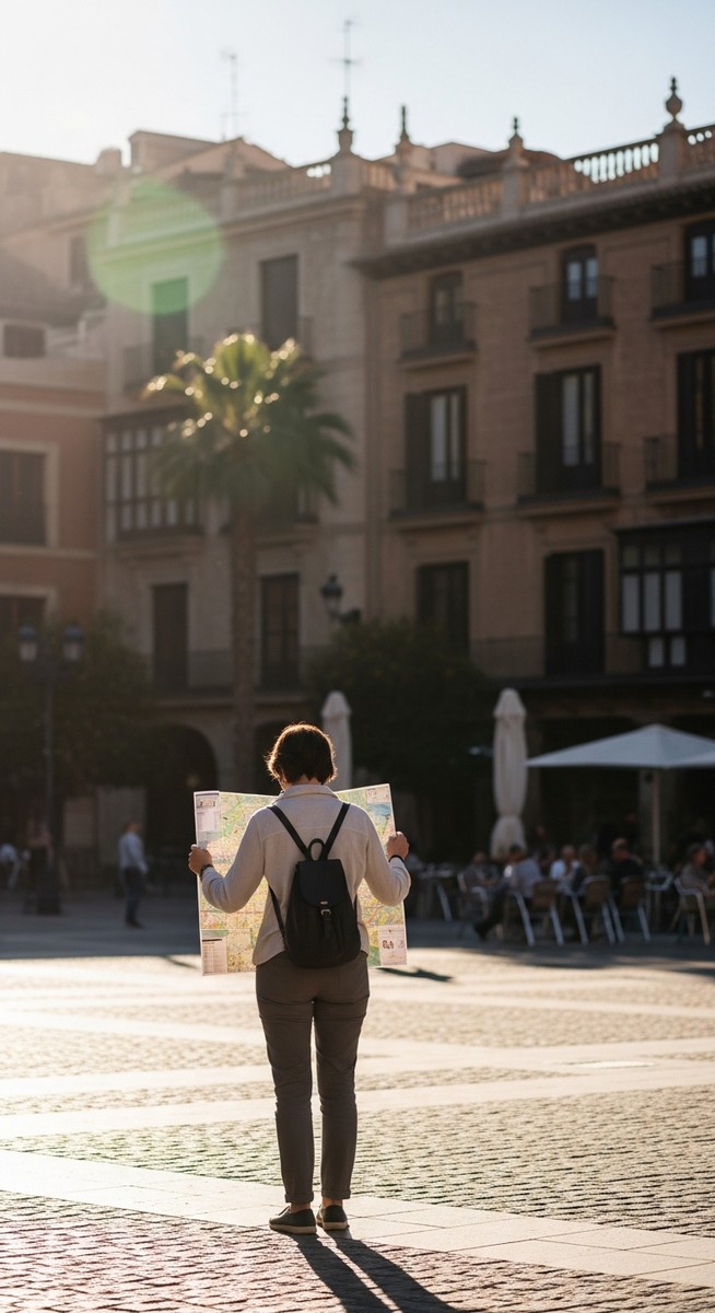 a traveller looking at a map in a sunny Spanish plaza in Barcelona