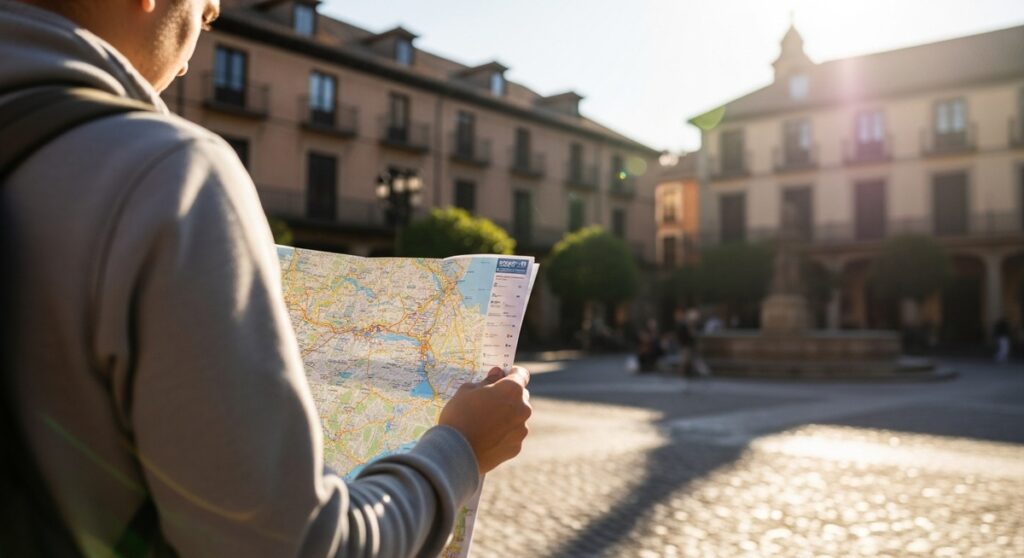 a traveller looking at a map in a sunny Spanish plaza in Barcelona