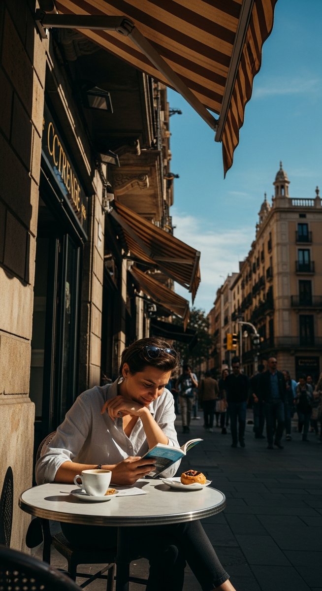 a person at an outdoor cafe in Barcelona with a guidebook