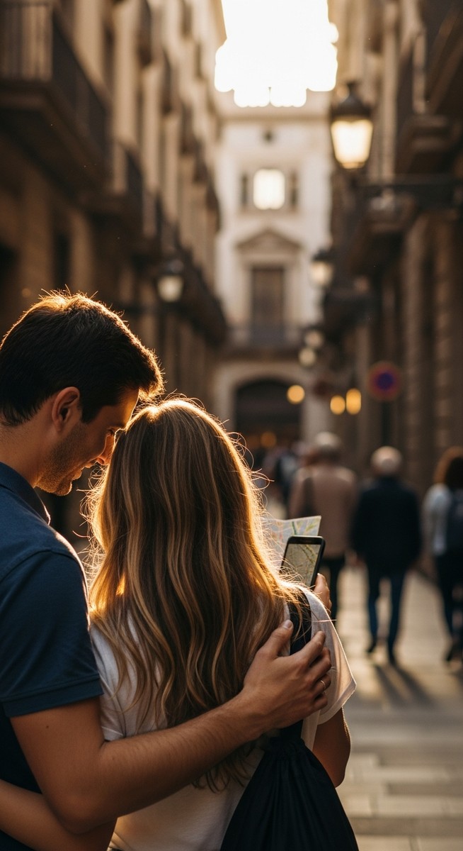 a couple looking at a map together in Barcelona