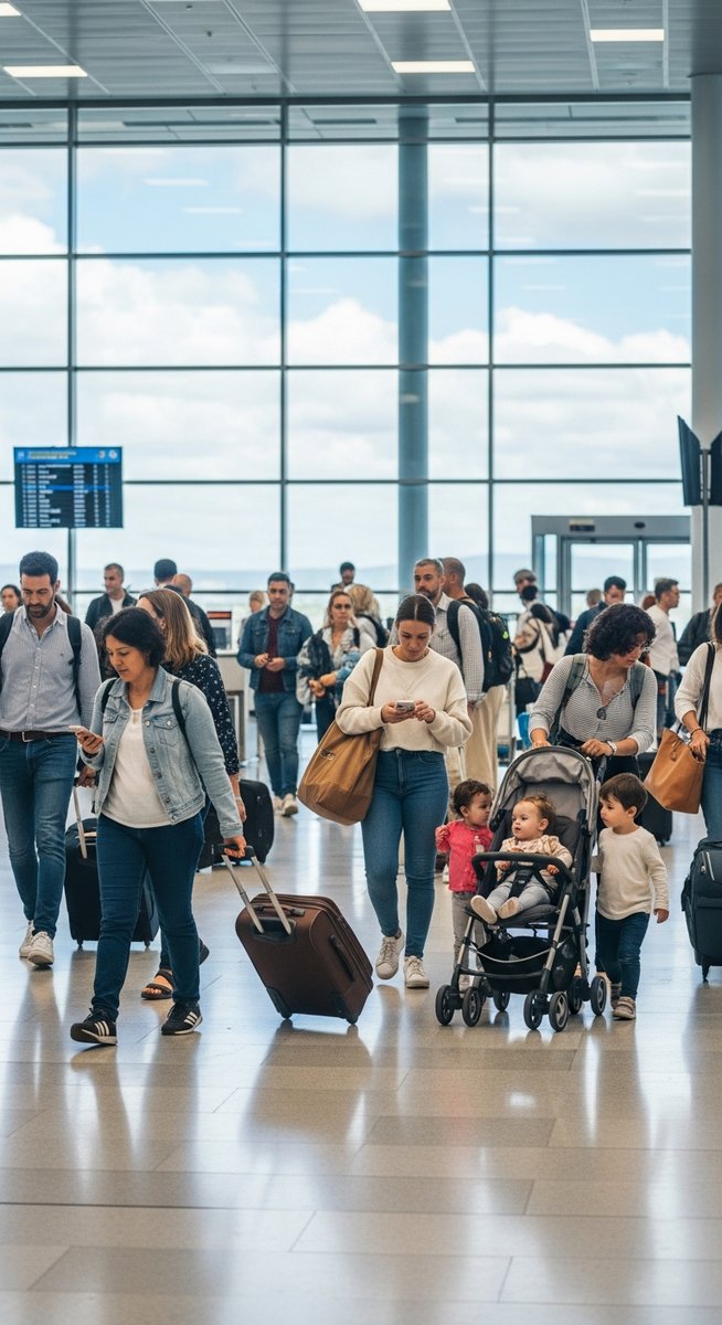 a Spanish airport with travellers