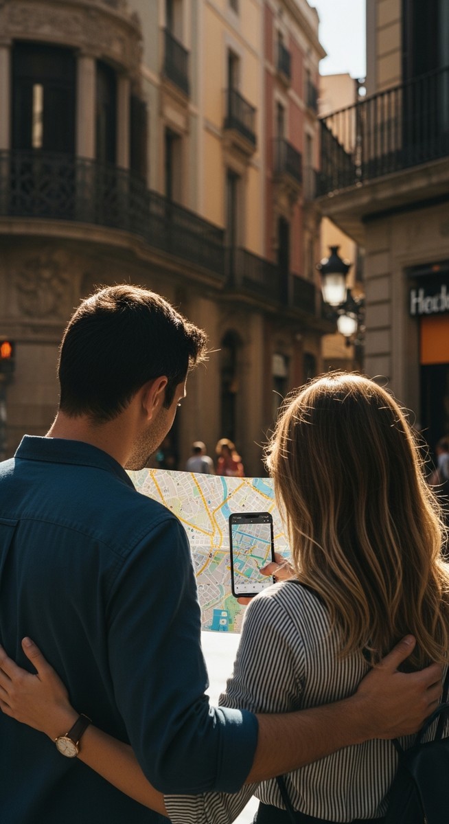 a couple looking at a map together in Barcelona