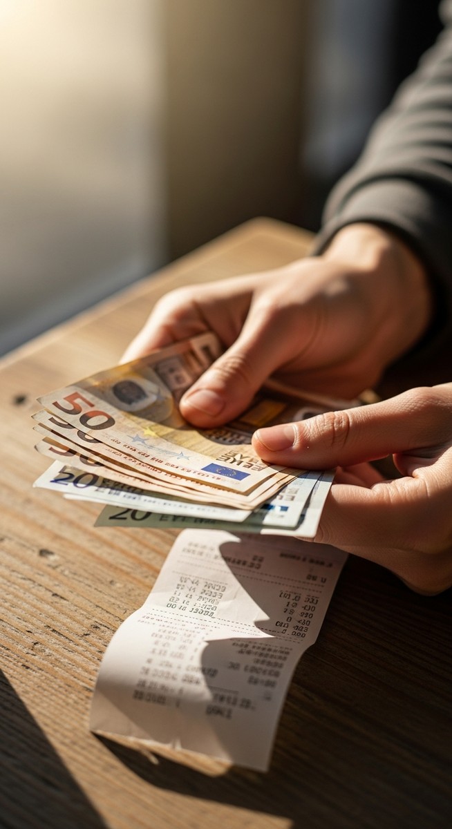 hands holding euro notes next to a cafe receipt in Barcelona