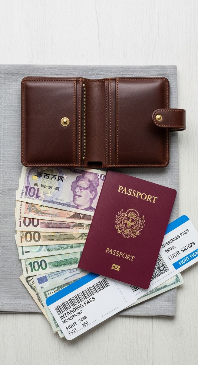 a travel wallet, passport and boarding pass flatlay