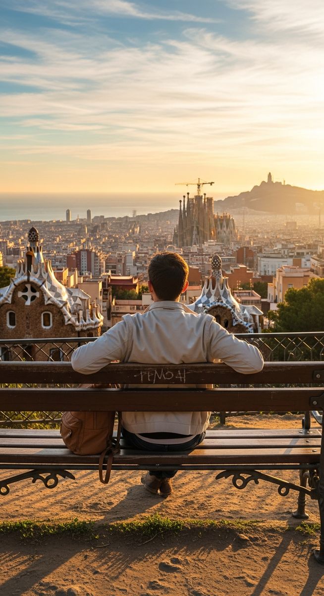 a traveller sitting on a bench in Barcelona