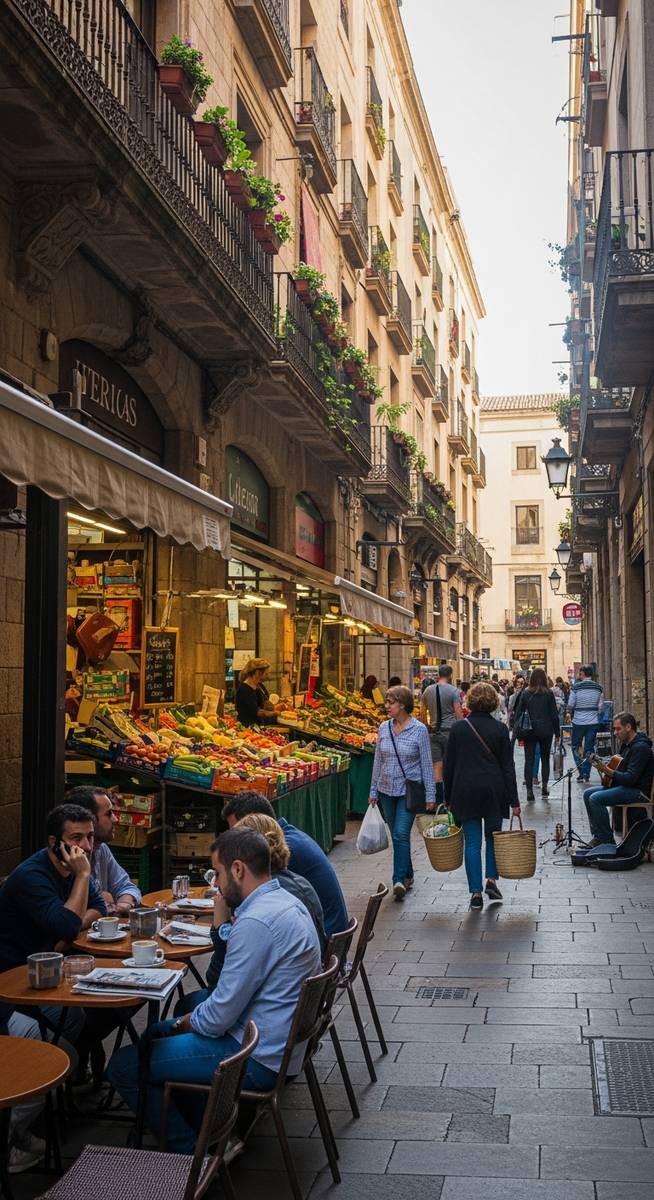 a lively Barcelona street scene showing everyday life