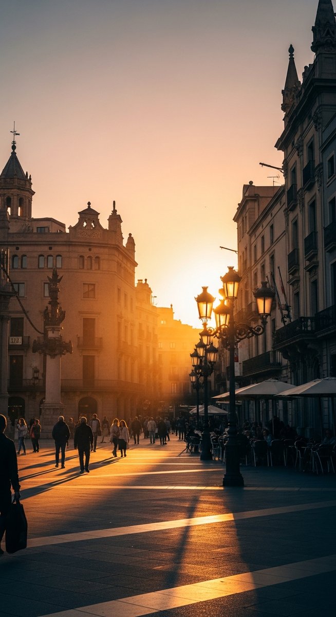 a Barcelona plaza at golden hour