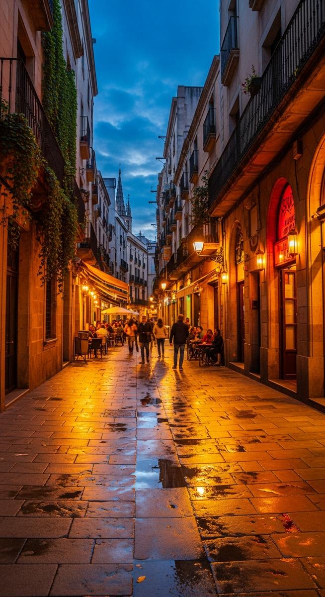 a winding Barcelona street at dusk