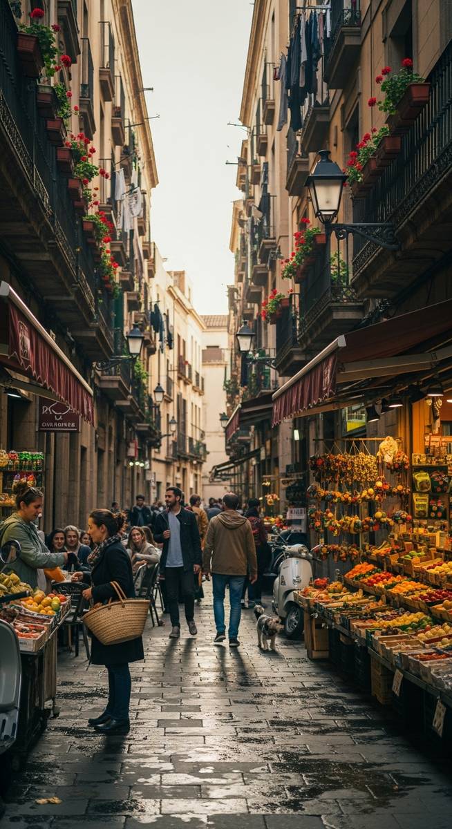 a lively Barcelona street scene showing everyday life