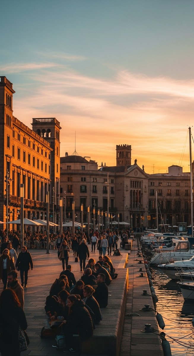 a Barcelona plaza at golden hour