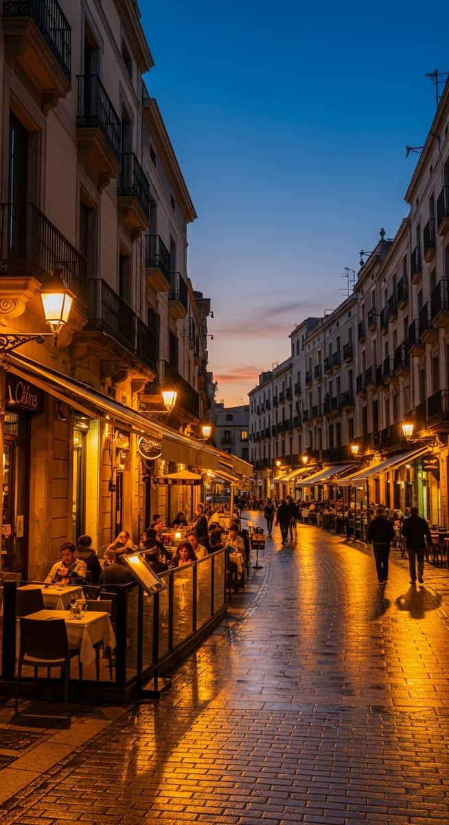 a winding Barcelona street at dusk