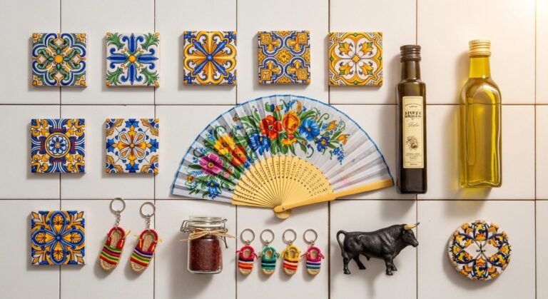 a flatlay of Spanish travel gifts and souvenirs as a souvenir or shopping idea