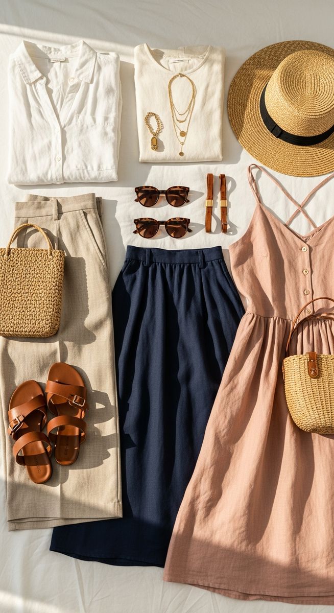 a Spain travel capsule wardrobe flatlay on a white bed