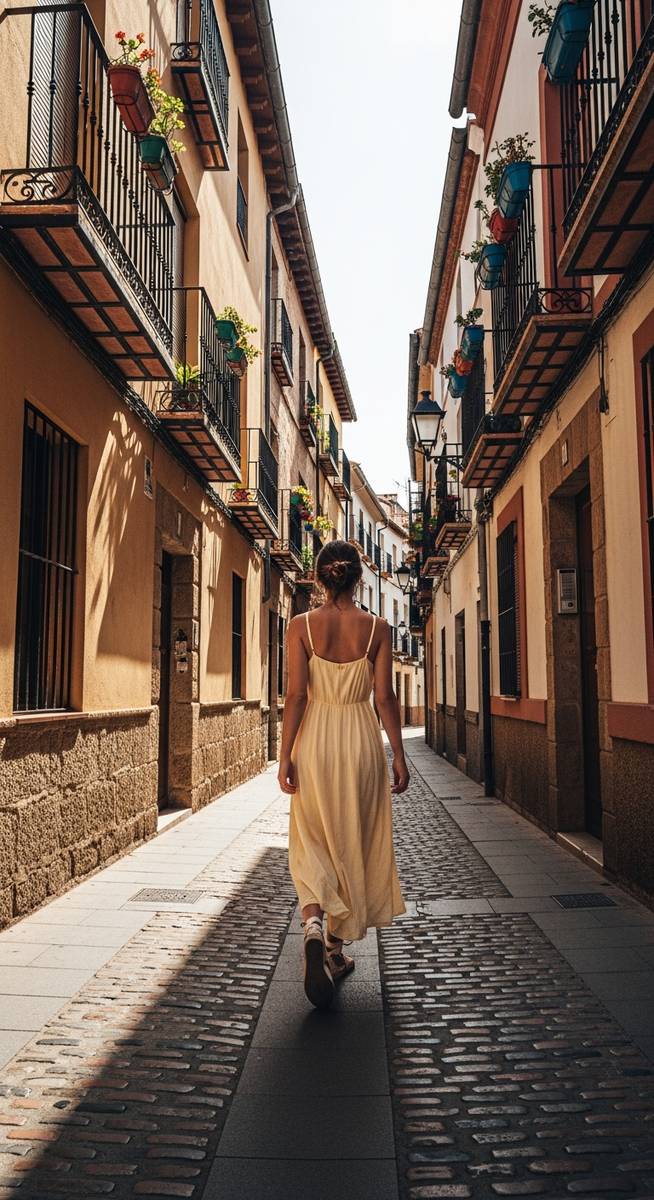 a woman in a sundress walking through a Spanish old-town street as an example of what not to pack for Spain