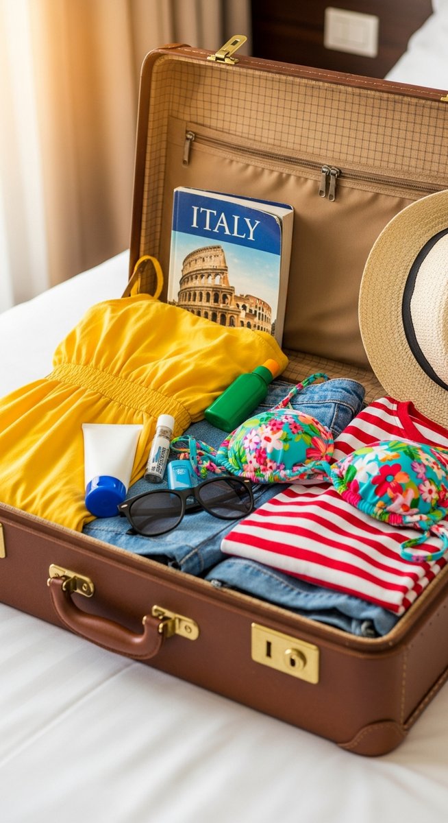 an open suitcase packed with summer clothes on a hotel bed