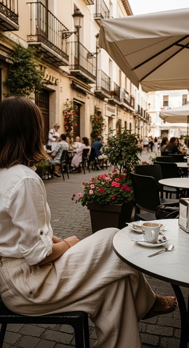 a woman in a linen shirt at an outdoor Spanish cafe as an example of what not to pack for Spain