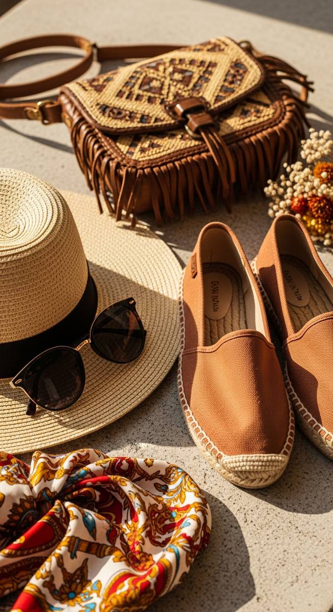 Spanish-style travel accessories including espadrilles and a straw hat
