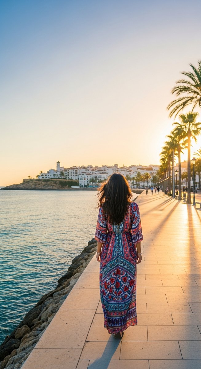 a woman in a maxi dress walking along a Spanish waterfront as an example of what not to pack for Spain