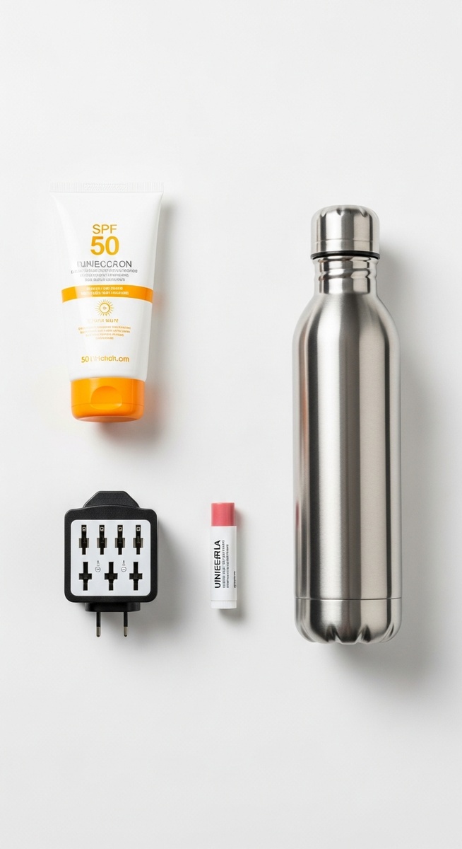 travel essentials for Spain including sunscreen and a water bottle