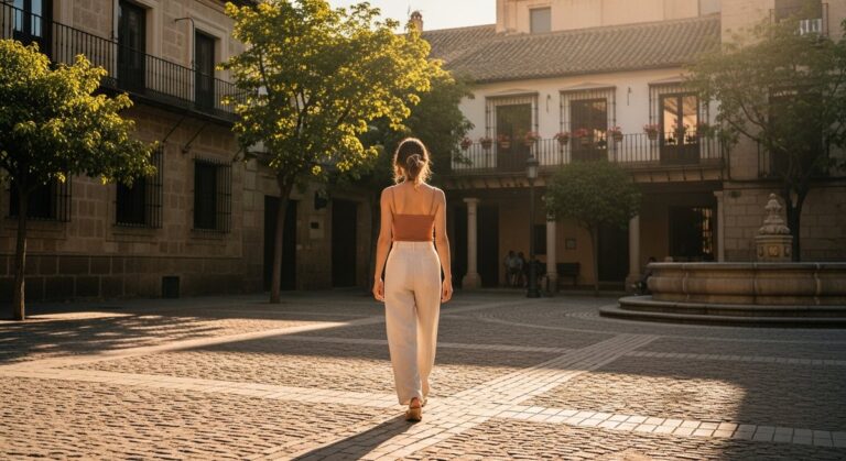 a woman in a summer outfit walking through a sunny Spanish plaza as an example of what not to pack for Spain