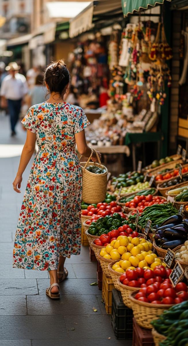 a woman in a summer dress at a Spanish market as an example of what not to pack for Spain