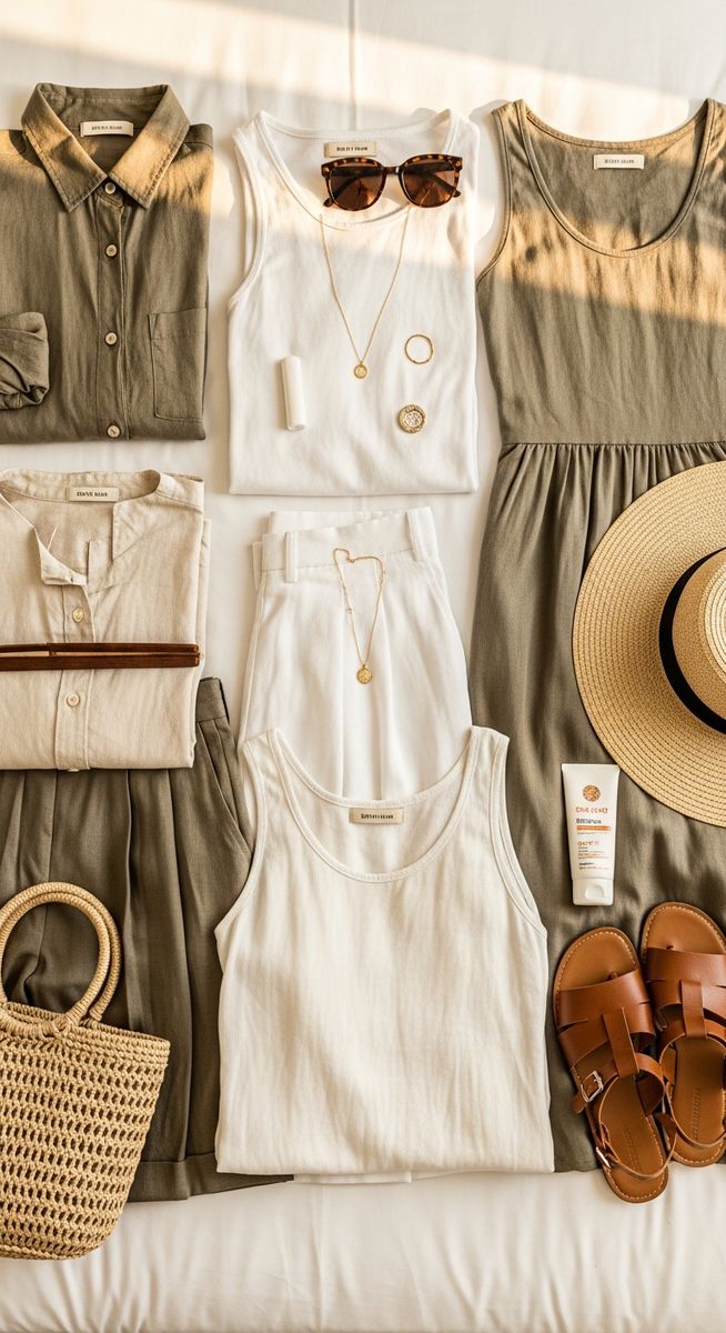 a Spain travel capsule wardrobe flatlay on a white bed