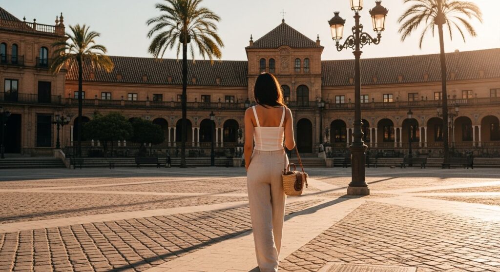 a woman in a summer outfit walking through a sunny Spanish plaza in Barcelona