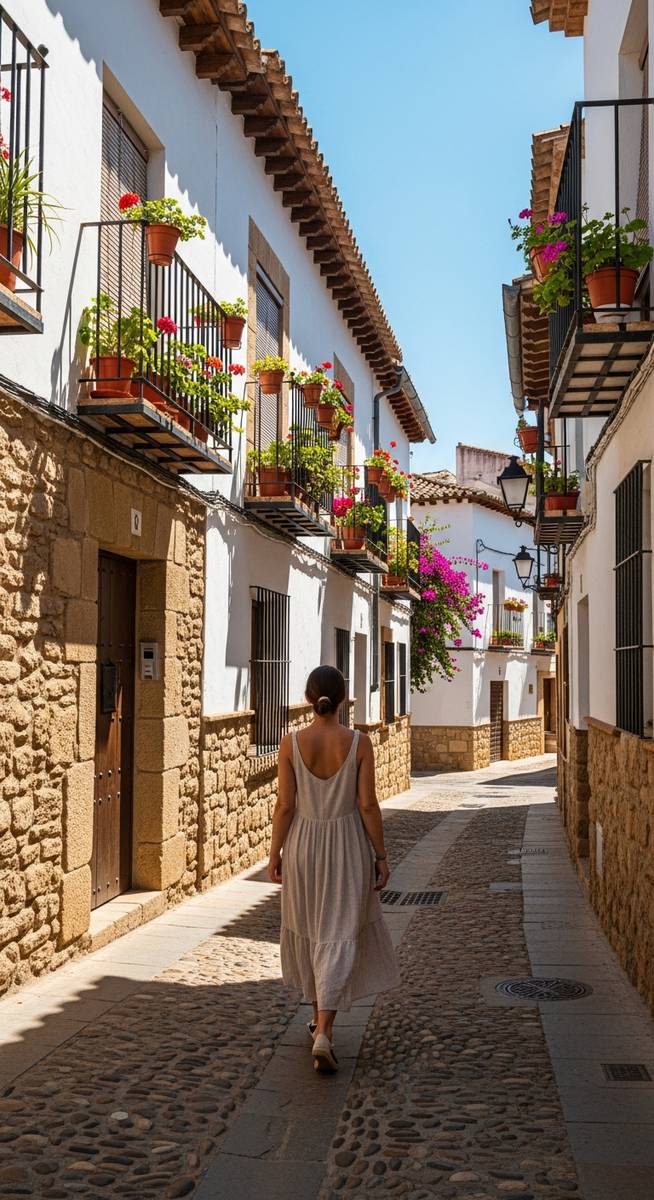 a woman in a sundress walking through a Spanish old-town street in Barcelona