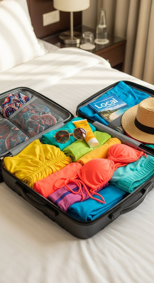an open suitcase packed with summer clothes on a hotel bed