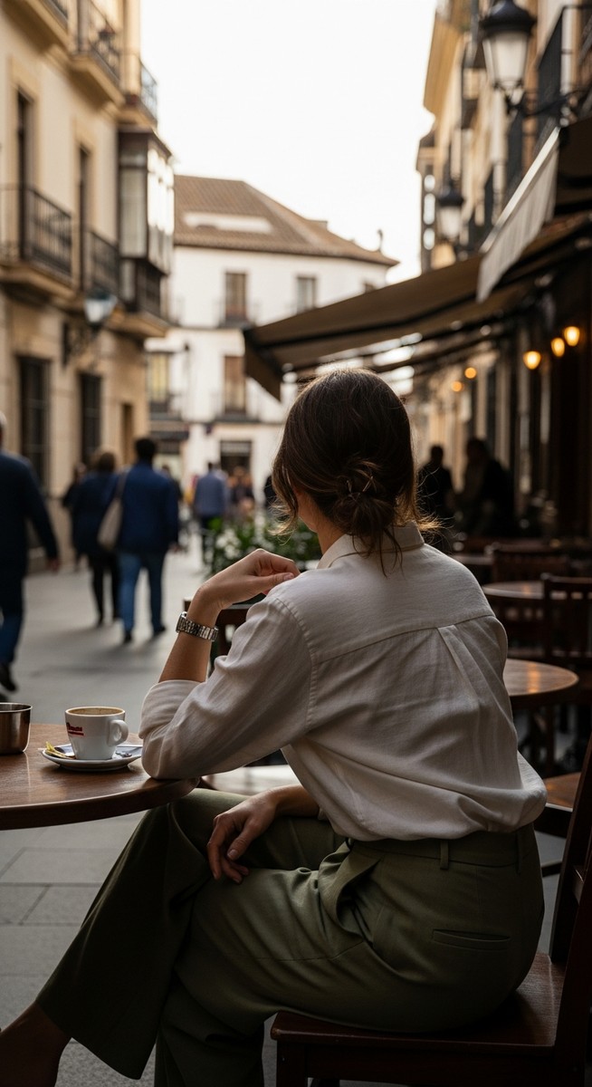 a woman in a linen shirt at an outdoor Spanish cafe in Barcelona