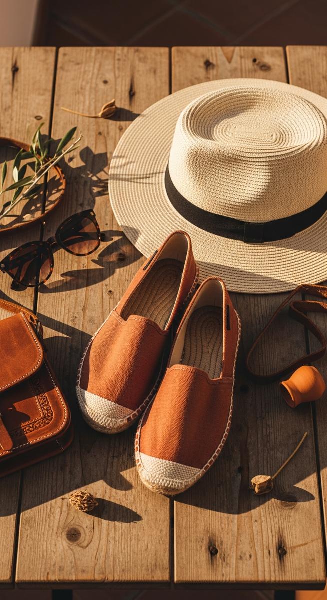 Spanish-style travel accessories including espadrilles and a straw hat
