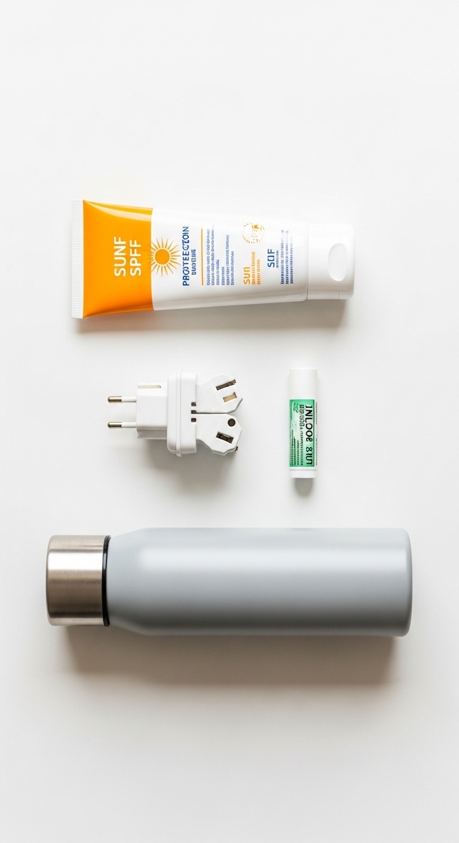 travel essentials for Spain including sunscreen and a water bottle