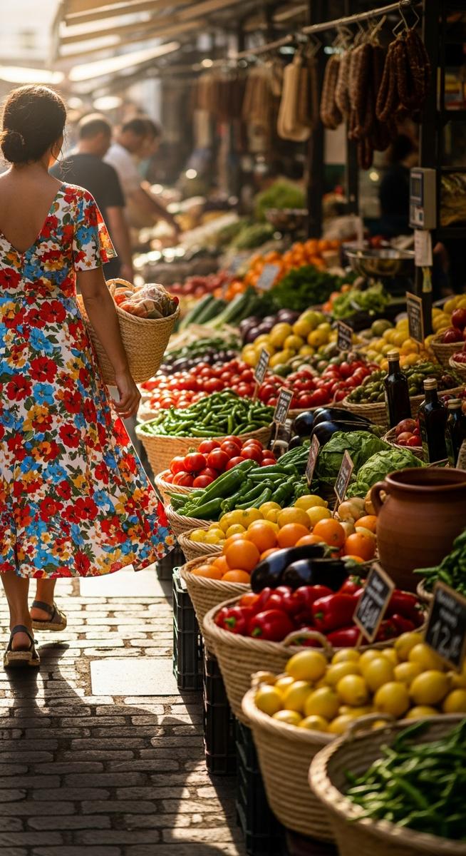 a woman in a summer dress at a Spanish market in Barcelona