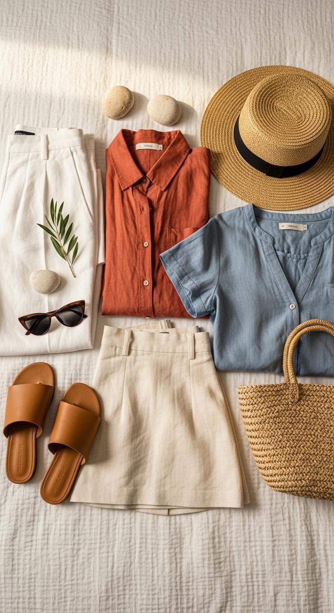 a Spain travel capsule wardrobe flatlay on a white bed