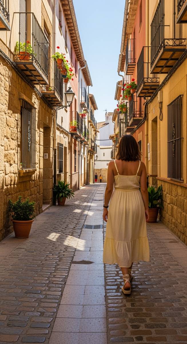 a woman in a sundress walking through a Spanish old-town street as an outfit idea for Spain