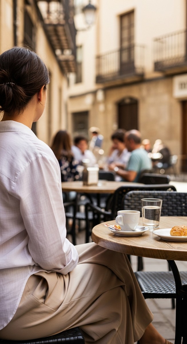 a woman in a linen shirt at an outdoor Spanish cafe as an outfit idea for Spain