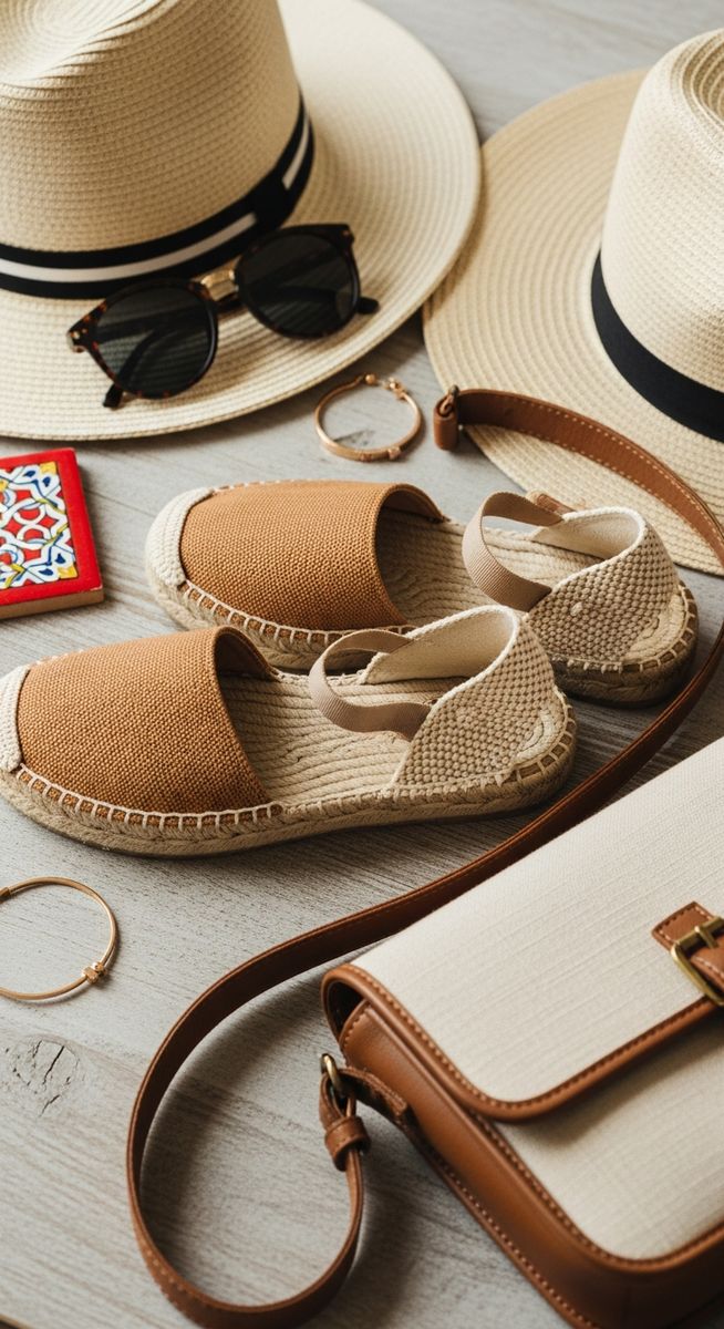 Spanish-style travel accessories including espadrilles and a straw hat